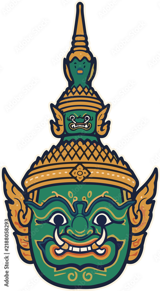 Fototapeta premium Thai Guardian Giant Mask: A vibrant, traditional Thai guardian giant mask, known as Yak Wat Arun, with its striking green face, ornate headdress, and fierce expression.