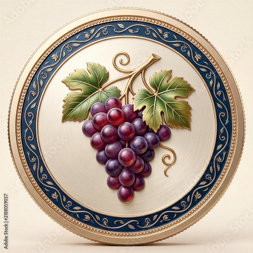 Ornate Gold and Navy Grape Cluster Medallion with Vine Leaves Decorative Coin