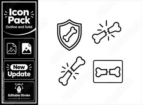Fractured broken bone medical x ray icons set with shield protection for orthopedics aid. Minimalist update icon pack