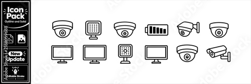 Surveillance camera security system icons set with dome and monitors for safety tracking. Minimalist update icon pack
