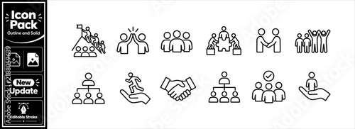 Business teamwork line icon set featuring mountain climbing and partnership collaboration. Minimalist update icon pack