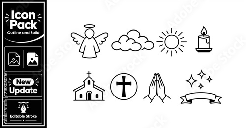 Religious and spiritual black outline icon pack for worship and memorial events. Minimalist update icon pack