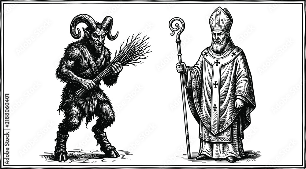 Obraz premium Saint Nicholas standing alongside horned Krampus devil figure carrying birch sticks in rectangular frame vector (16 words)