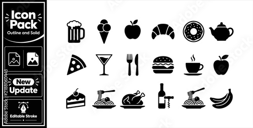 Set of food icons featuring beverages snacks bakery desserts solid black design elements. Minimalist update icon pack