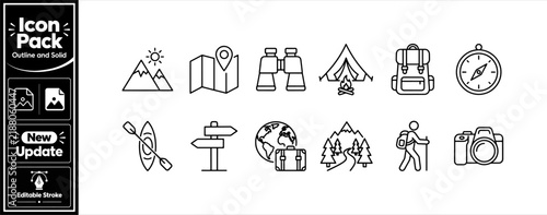 Hiking and outdoor recreation outline icons pack of nature camping gear and travel tools. Minimalist update icon pack