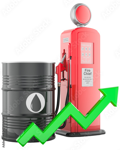 Oil and fuel price increase with barrel gas pump and rising arrow, transparent background.