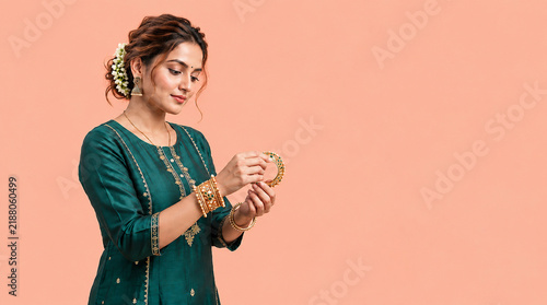 Indian Woman Wearing Traditional Clothing and Putting on Bangles