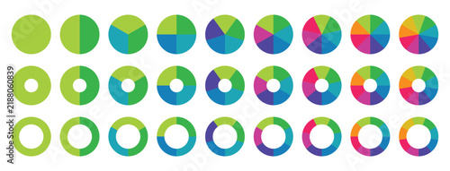 Circle pie chart and diagram. Pie chart divided 1 to 9 equal parts. Colorful diagram collection. Infographic element round shape. Vector illustration.