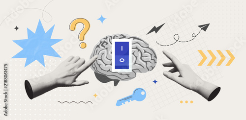 Trendy Halftone Collage Hands Activating Brain Switch for Mindset Change Cognitive Productivity and Innovation Smart Thinking Retro Vector Illustration