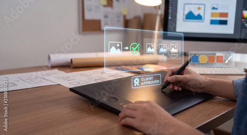 designer holds glowing creative approval hologram with version history strip and client approved badge to verify design sign off, confirm revision status, manage creative workflow