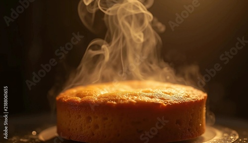 Freshly baked golden sponge cake with steam on dark background