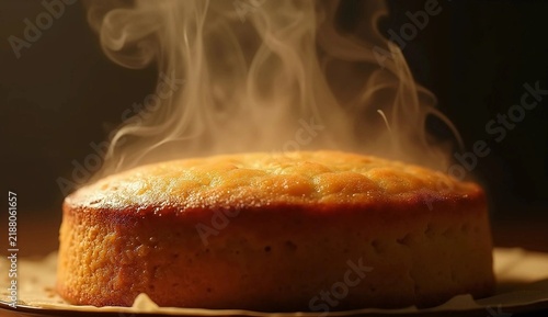 Freshly baked hot sponge cake with steam rising