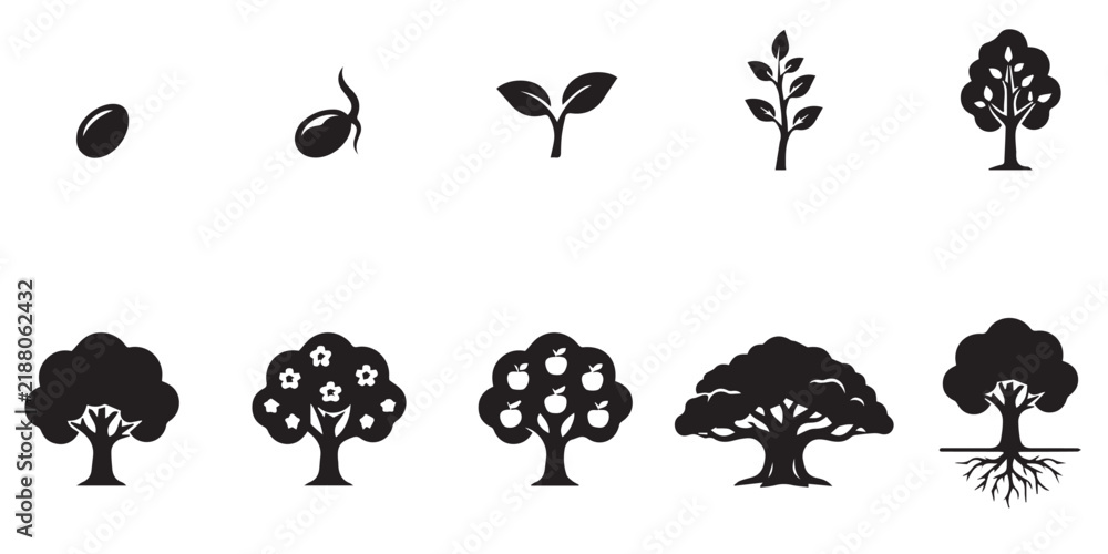 Obraz premium Set of black nature and wildlife icons featuring plant growth stages and animals in flat vector style. A collection of minimalist black icons depicting life cycles of plants, insects, and small animal