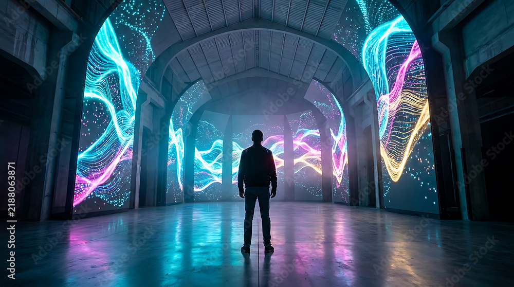 Fototapeta premium Person standing alone in a large archway hallway with immersive digital light art display