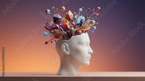 Abstract human head silhouette with colorful geometric shapes exploding from the top