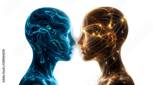 Conceptual profile shot of two human heads facing each other with digital light patterns