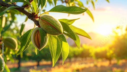 Almond Tree Branch with Fresh Green Fruits and Lush Leaves in Nature Garden Closeup Botanical Agriculture Background