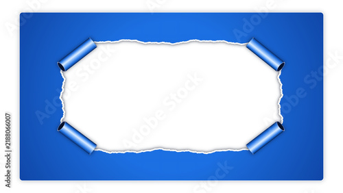 Blue paper background with torn center and rolled corners isolated on transparent background
