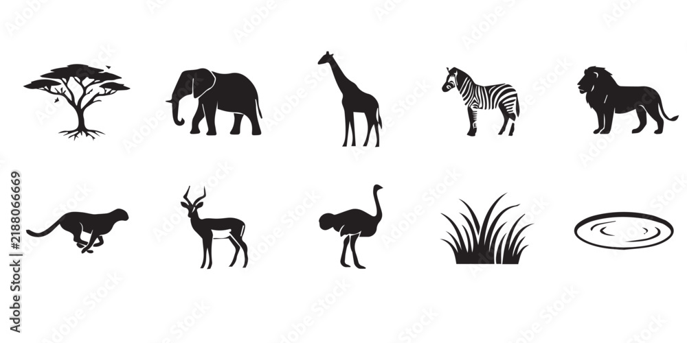 Obraz premium Set of black silhouette african safari animal icons including elephant giraffe lion and acacia tree. A collection of flat vector icons representing wild african animals and savanna landscape elements.