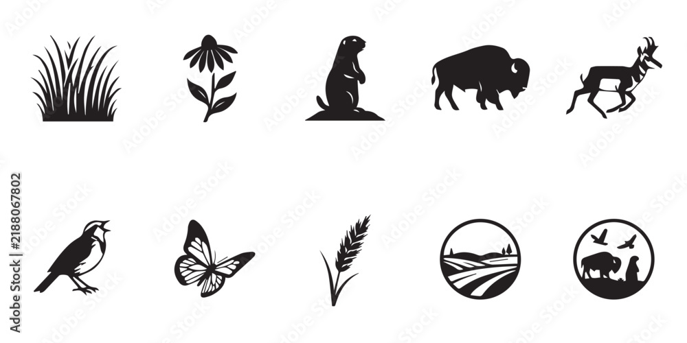 Obraz premium Collection of North American wildlife and nature icons featuring bison prairie dog and wildflowers. A set of black silhouette icons depicting prairie animals flora and landscape scenes for design 