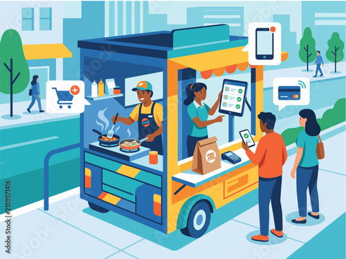 vector illustration of a small mobile food business receiving digital orders