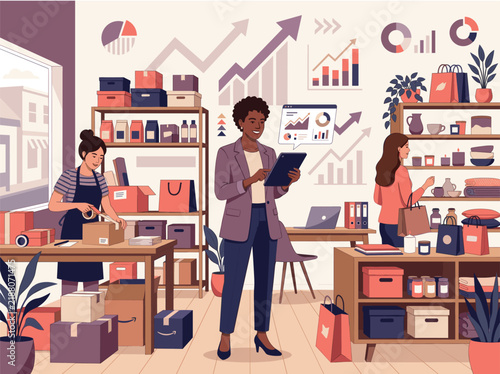 vector illustration of a female small business owner growing her independent business