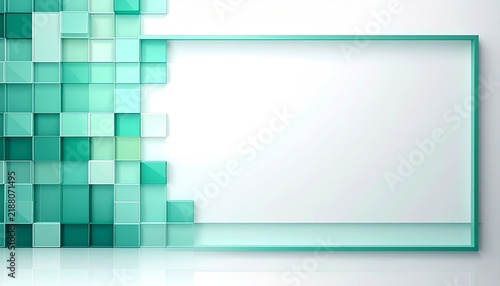 Minimal corporate white background with translucent cyan, mint and pale green squares on one side and a rectangular frame