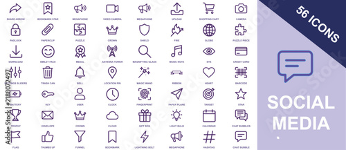 Set of fifty six purple line featuring social media symbols and various interface user