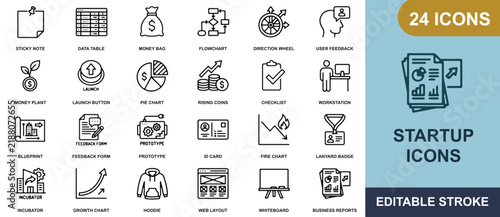 A collection of twenty-four black line startup and business on a light blue background, surface linear