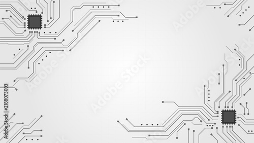 Abstract white vector technology background featuring dark gray microchips and electronic circuit board traces with central space