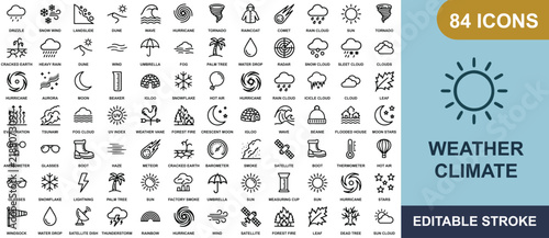 A comprehensive set of eighty-four black line weather and climate on a white background