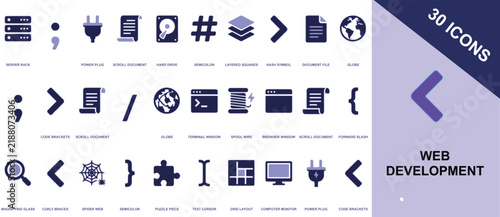 Thirty dark purple flat for web development featuring symbols for coding and digital interface