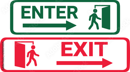 Enter Exit Emergency Direction Signs Building Entrance And Evacuation Navigation Symbol