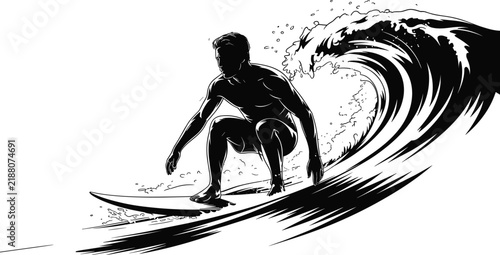 Black and white silhouette of a surfer riding a large ocean wave on a surfboard, showing dynamic movement and water splash on white background