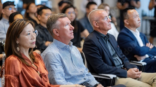 Diverse Audience at Presentation: A varied group of professionals listen attentively, their gazes fixed forward, suggesting engagement with an important presentation or event. A woman with glasses.