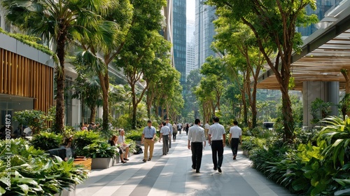 Urban Oasis: Pedestrians stroll through a lush, tree-lined avenue amidst modern skyscrapers, showcasing a harmonious blend of nature and urban development.