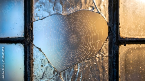 A detailed close up of a spider web spun inside a broken window frame