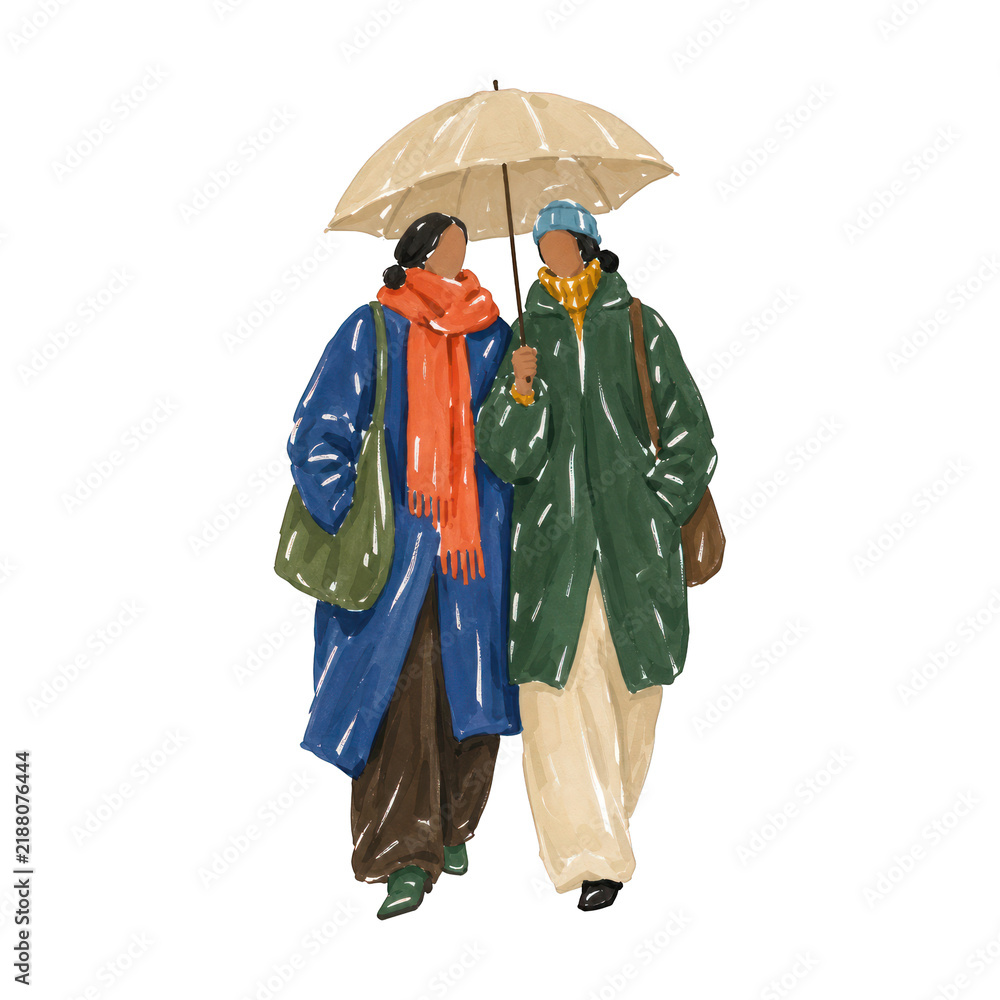 Fototapeta premium Two women walking under umbrella, PNG transparent background, diverse urban fashion
