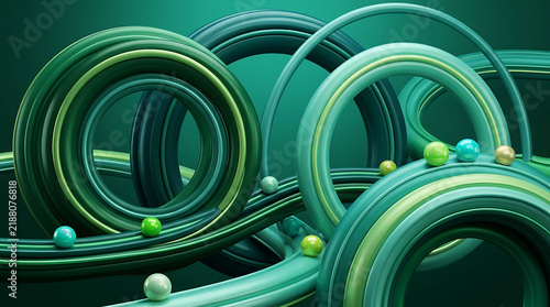 Abstract green curves with spheres during soft studio lighting for creative concepts