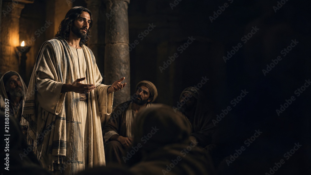 Obraz premium Jesus preaching to his disciples in ancient temple. Man in biblical robe speaking with open hands in candlelight setting. Religious teaching, faith and gospel message concept.
