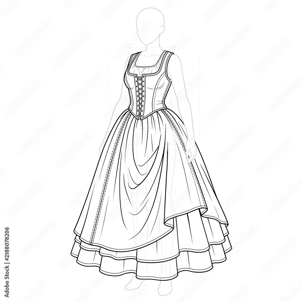 Fototapeta premium Hand drawn sketch of heavy winter peasant dress. Front view.