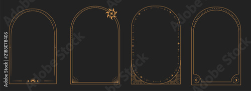 Celestial boho gold arch frames set. Esoteric deco border set. Elegant thin lines, moon crescent, sun, stars decorations on dark background. Tarot cover card template, occult design