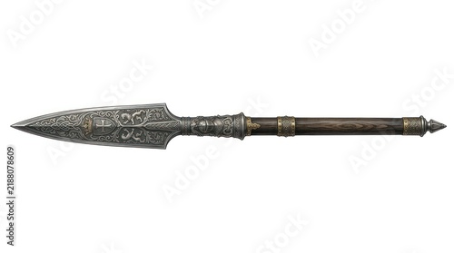 Ornate metal spear head with decorated shaft and wooden handle