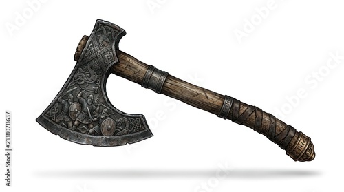 Ancient battle axe with ornate handle and engraved head isolated