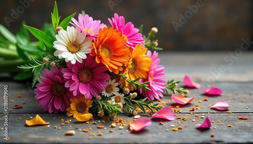 A vibrant bouquet of wildflowers carelessly tossed onto a rustic wooden surface, petals scattered, conveying a sense of carefree abandonment and fleeting beauty , purple, garden