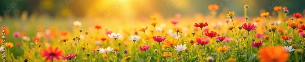 Fototapeta premium A vibrant field of wildflowers basking in the warm spring sunlight, gentle breeze rustling through the petals Perfect for themes of freedom, renewal, and joyful energy , happy, peaceful