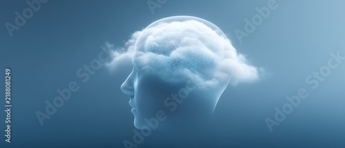 Artistic depiction of human cognition featuring a cloudy brain design set against a serene blue backdrop