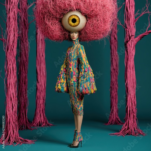 Woman with giant eyeball head and avant-garde fashion