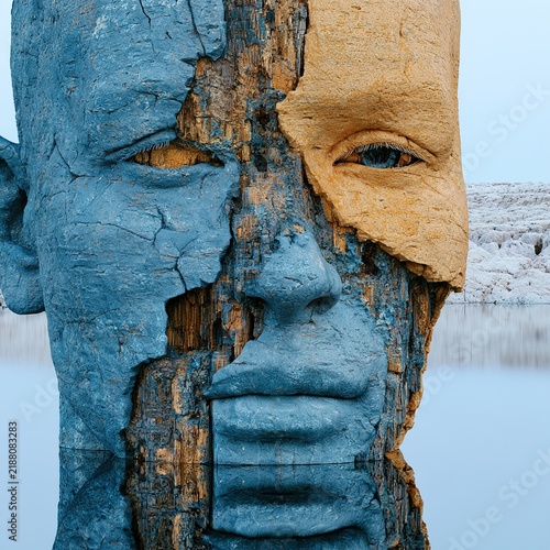 Eroding human face sculpture showing identity duality
