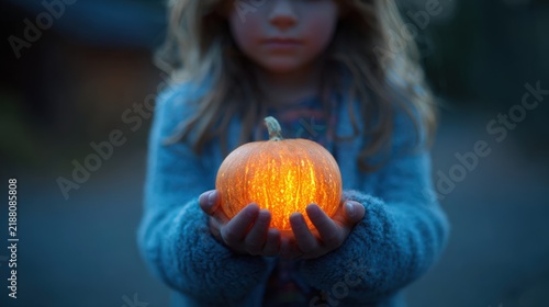 Young child holding a glowing orange pumpkin in hands during autumn evening